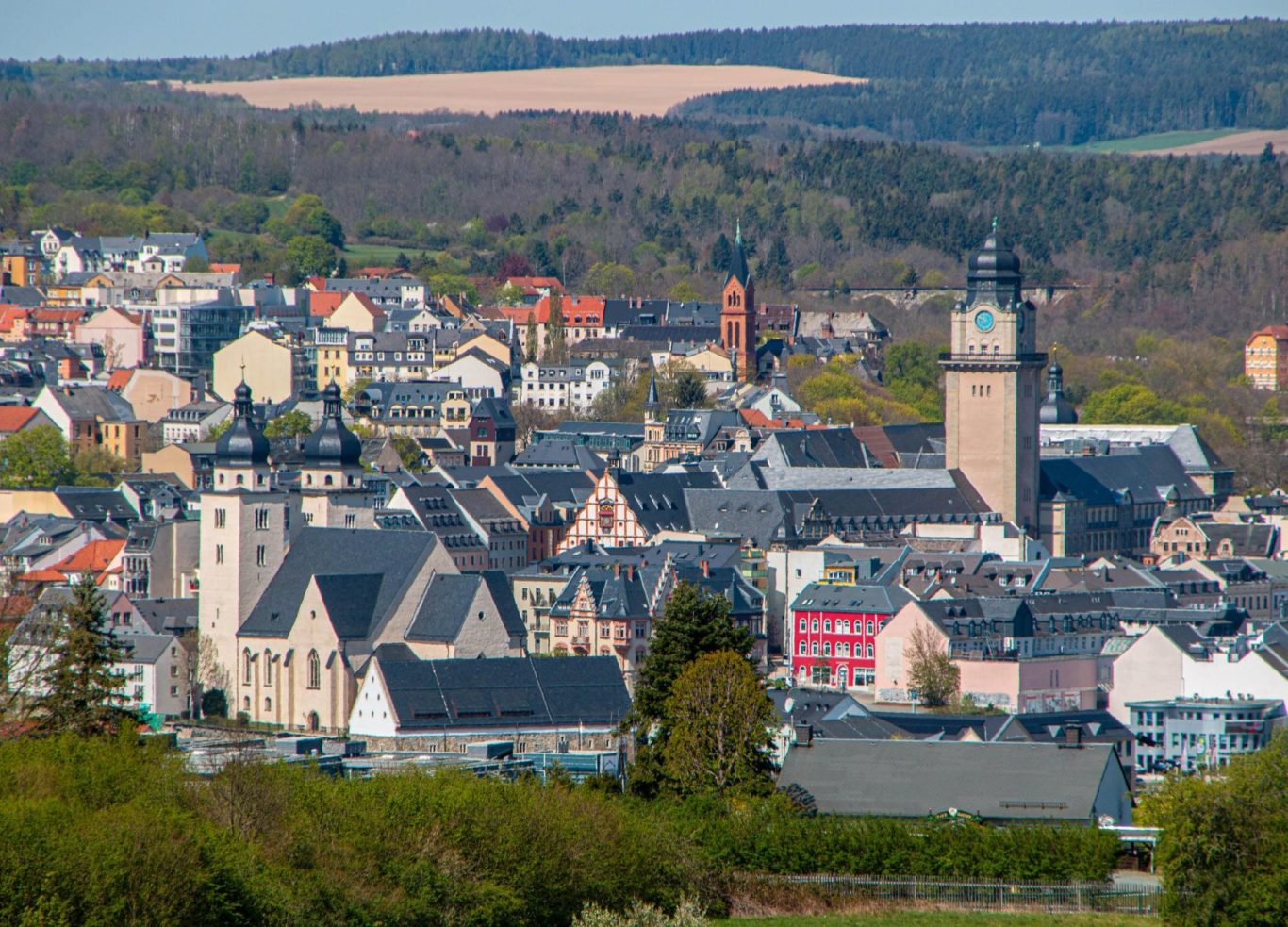 Blick auf eine gemütliche Stadt mit verschiedenen Gebäuden und Türmen im Hintergrund.