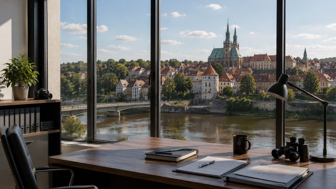 Detektei Görlitz Helles Büro mit Blick auf Görlitz und die Neiße.