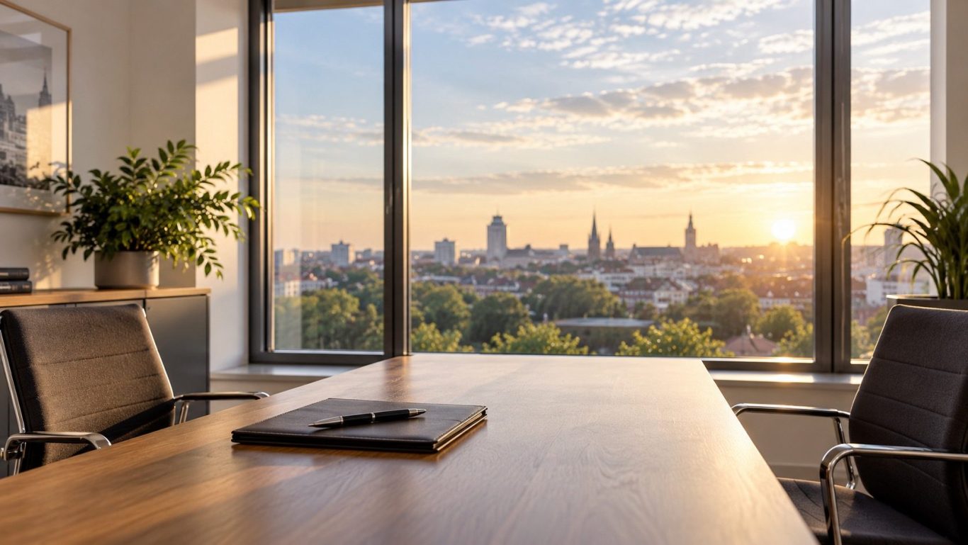Heller Beratungsraum des Privatdetektiv Leipzig & Sachsen, mit Tisch und zwei Stühlen und Blick nach draußen.