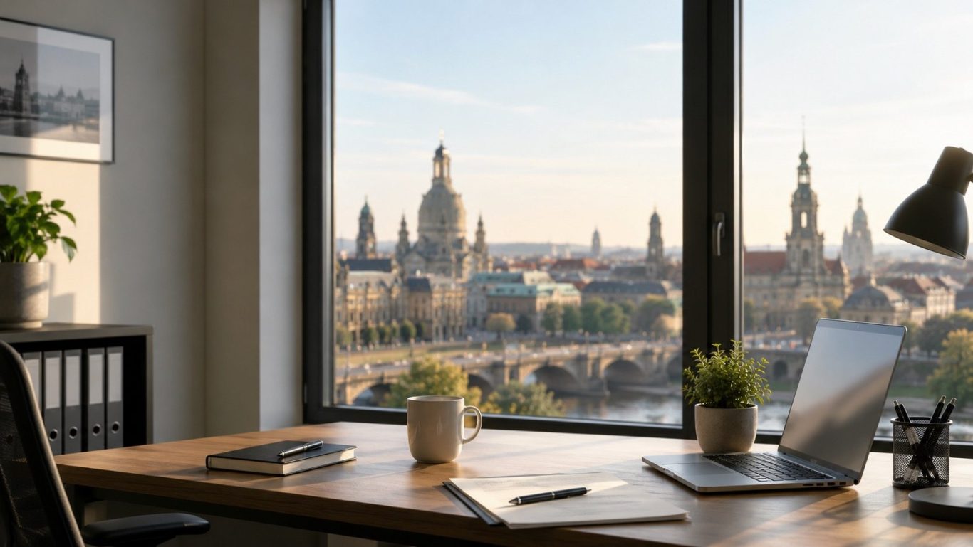 Detektei Dresden – Privatdetektiv in Sachsen Helles Büro mit Blick über Dresden – Detektei für private Ermittlungen und diskrete Unterstützung.