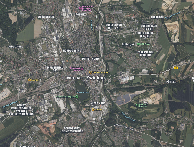 Karte von Zwickau mit beschrifteten Orten und umliegender Landschaft.
