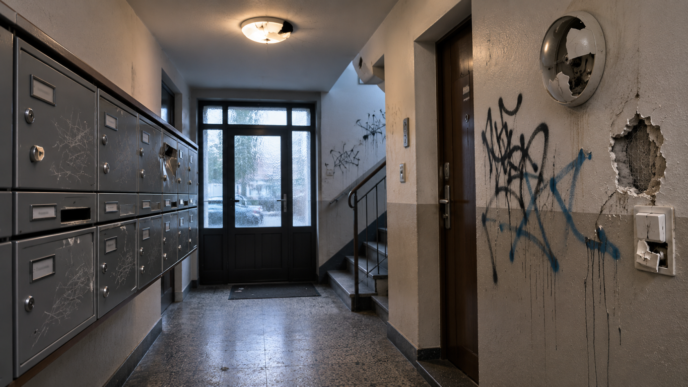 Vandalismus im Wohnhausflur – Privatdetektiv Plauen Beschädigter Wohnhausflur mit zerkratzten Briefkästen und Graffiti als Symbol für Ermittlungen bei wiederholtem Vandalismus in Plauen.