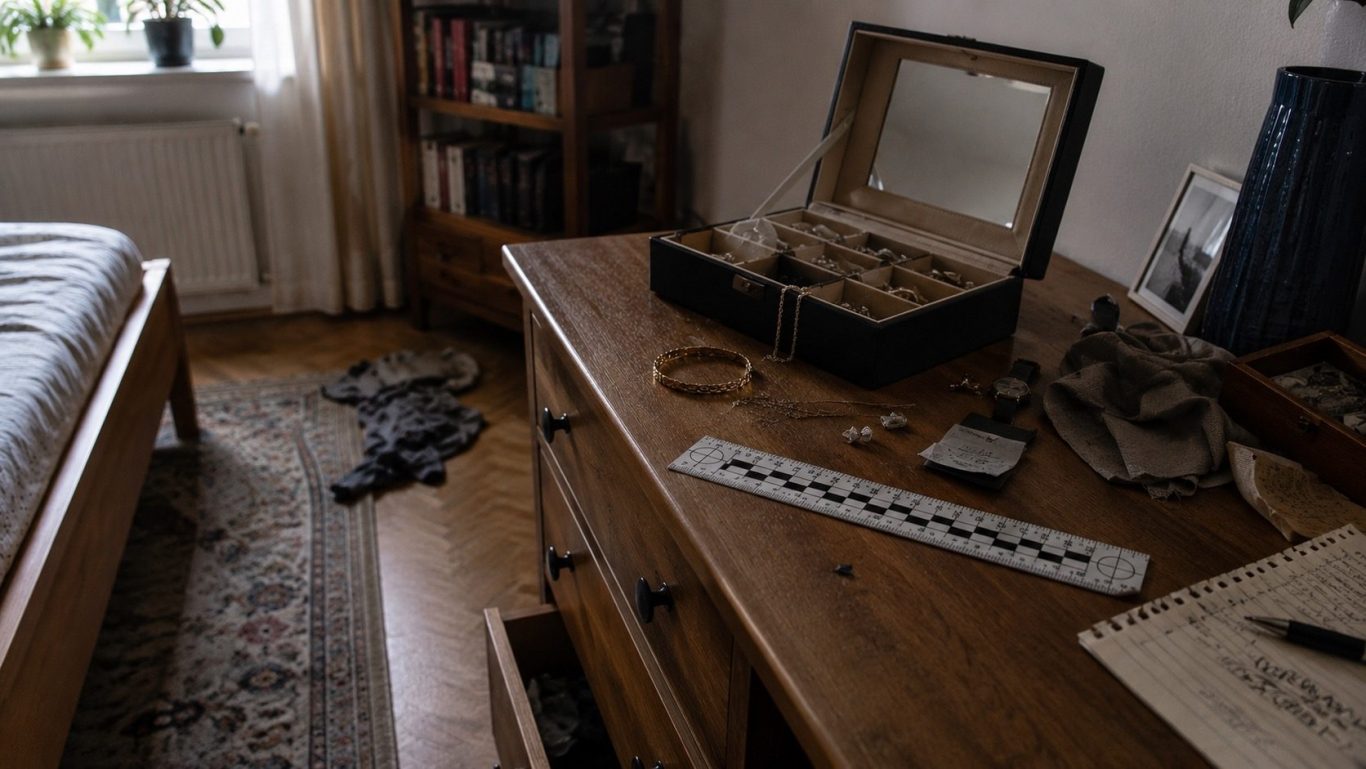 Privatdetektiv Halle – Diebstahl im Privathaushalt Beweissicherung bei Diebstahl im privaten Haushalt mit dokumentierten Wertgegenständen und forensicher Messleiste.